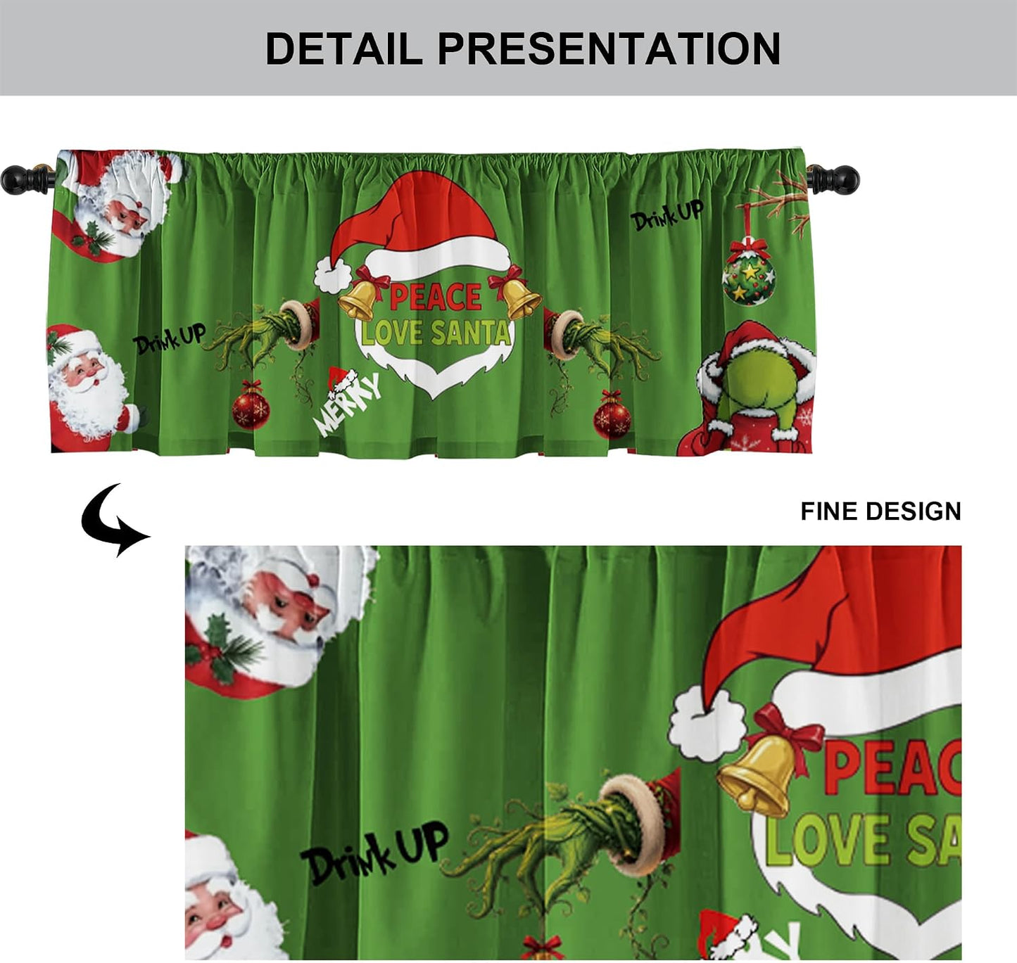 Christmas Holiday Kitchen Curtain Valances Green Xmas Window Valances with Rod Pocket - Short Curtains for Bathroom and Laundry Decoration - 52x18 inch