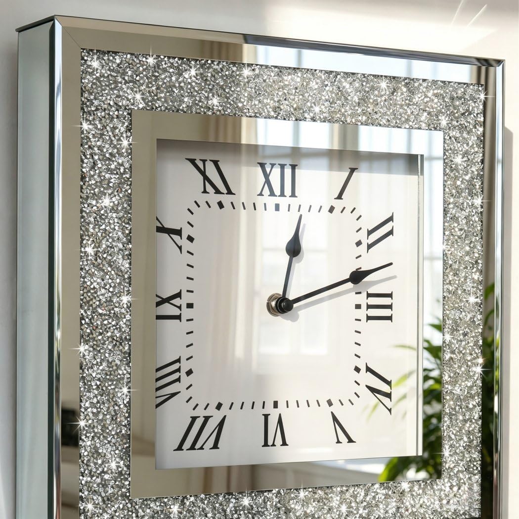 Crystal Crush Diamond Mirrored Square Wall Clock with Sparkle Twinkle Bling Diamond Decor for Wall Decoration, 12x12inch Decorative Silver Mirror Quartz Clock for Home Decor. AA Battery not included