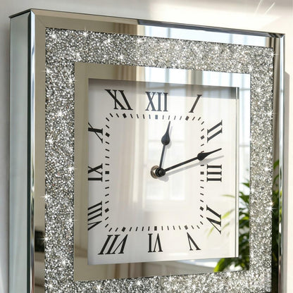 Crystal Crush Diamond Mirrored Square Wall Clock with Sparkle Twinkle Bling Diamond Decor for Wall Decoration, 12x12inch Decorative Silver Mirror Quartz Clock for Home Decor. AA Battery not included