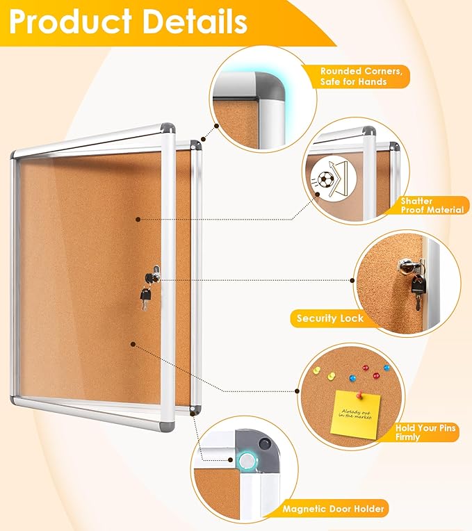 SWANCROWN Enclosed Bulletin Cork Board 24x18 in, Lockable Bulletin Board - Image 3
