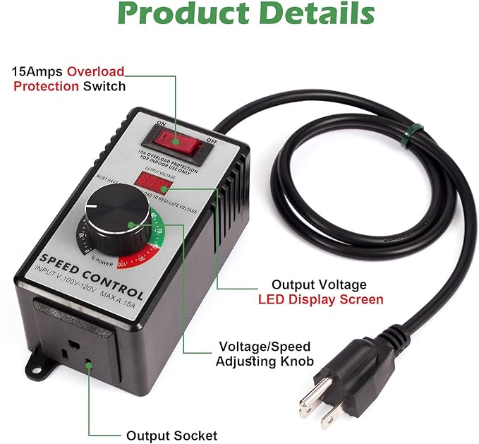 AC Motor Speed Controller 110-120V / 15A Max / 10A Rated Variable Fan Speed - Image 2