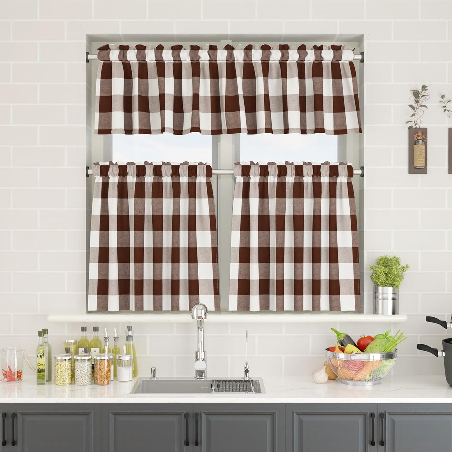2 Pieces Buffalo Check Valances Curtains for Living Room Windows 18" Long Classic Gingham Plaid Bedroom Bathroom Rod Pocket Country Farmhouse Kitchen Window Curtain Valances - Brown & White