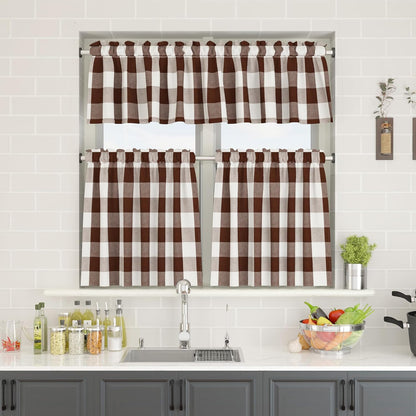 2 Pieces Buffalo Check Valances Curtains for Living Room Windows 18" Long Classic Gingham Plaid Bedroom Bathroom Rod Pocket Country Farmhouse Kitchen Window Curtain Valances - Brown & White