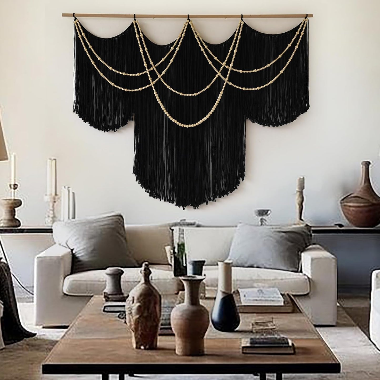 Macrame Wall Hanging Black Yarn Tapestry Boho Fiber Art Decor 57"W*43"L | Black Wall Hanging, Woven Fiber Art, Handmade Cotton Decor, Modern Boho Style, Statement Wall Accent, Handmade Craft