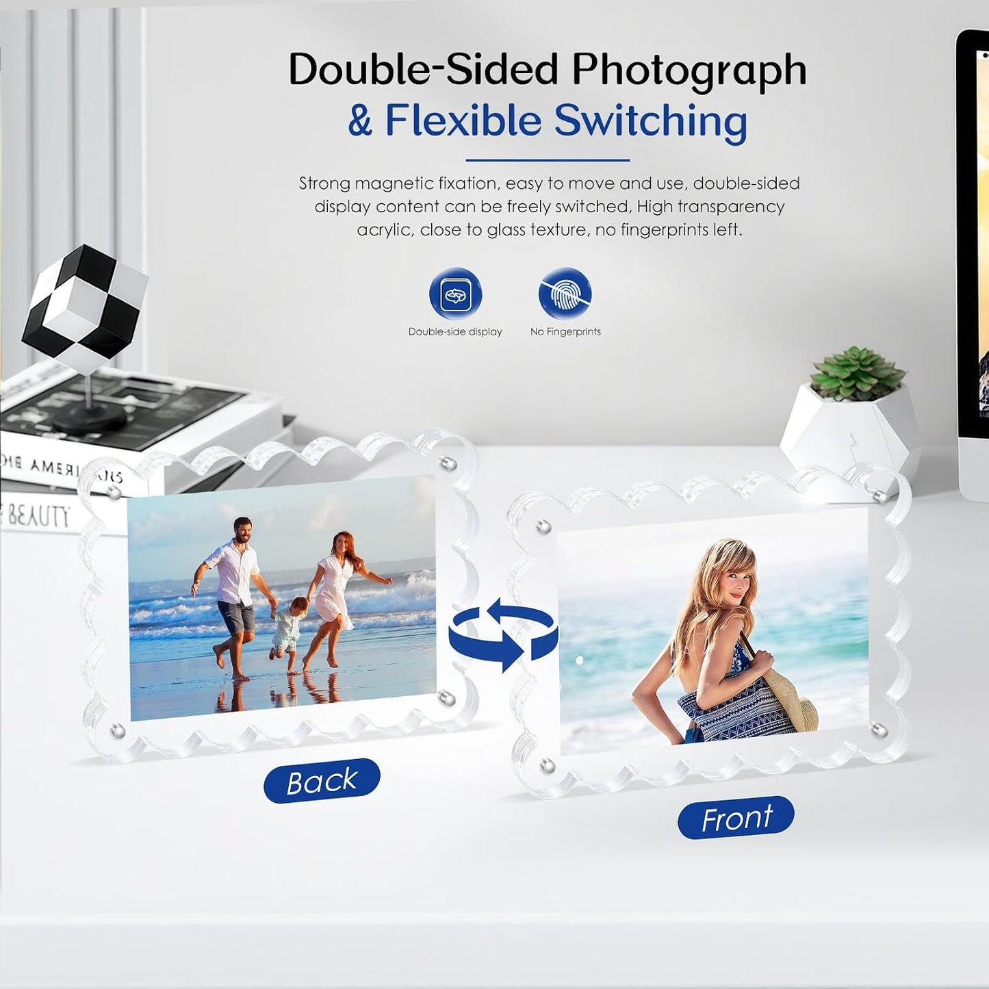 Scalloped Magnetic Picture Frame 4x6 Inch-2Pack Photo Frames | Clear frame,20mm Thick Double-Sided Magnet Design, Horizontal/Vertical Stand,Trendy Desktop Display for Home/Office Decor