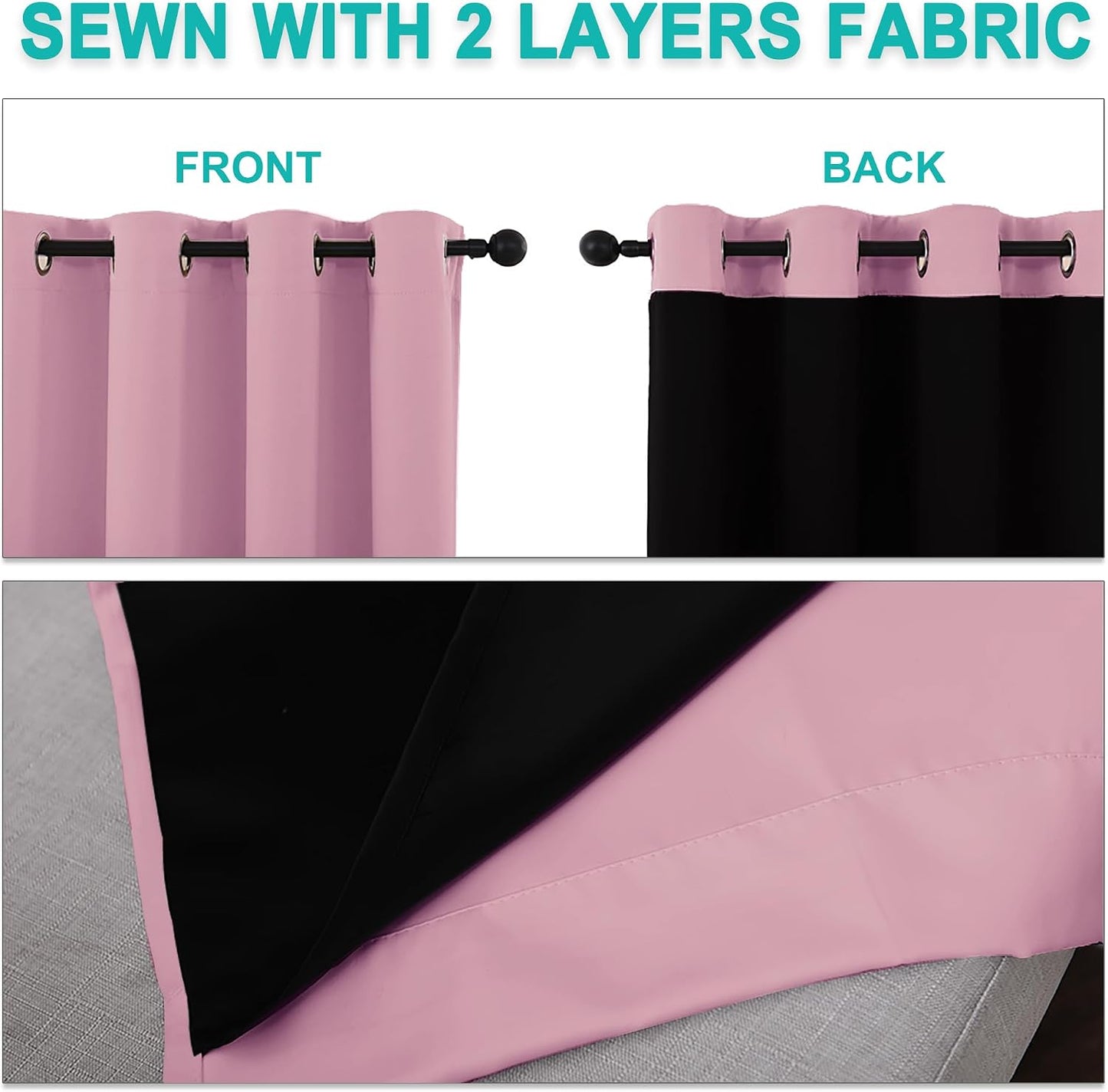 NICETOWN 100% Blackout Curtains with Black Liners, Solid Thermal Insulated Full Blackout 2-Layer Lined Drapes, Energy Efficiency Window Draperies for Bedroom (2 Panels, 42" W by 63" L, Crystal Pink)