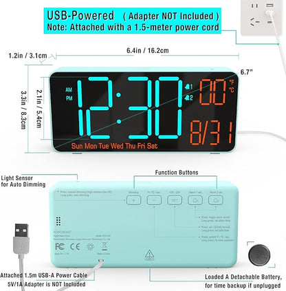 KOSUMOSU Alarm Clock for Bedroom, 6.7in Small Digital Clock, Auto Dimming - Image 5