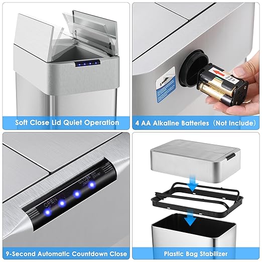 Arlopu 18.5 Gal Automatic Trash Can, 70L Stainless Steel Motion Sensor Garbage - Image 6