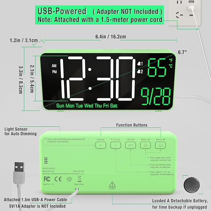 KOSUMOSU Digital Clock for Bedroom, 6.7in Desk Clock, Auto Dimming, Room - Image 5