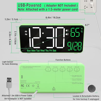 KOSUMOSU Digital Clock for Bedroom, 6.7in Desk Clock, Auto Dimming, Room - Image 5