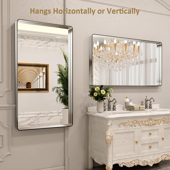 LOAAO 55X30 Inch Brushed Nickel Bathroom Mirror, Rounded Rectangle Silver Metal - Image 4