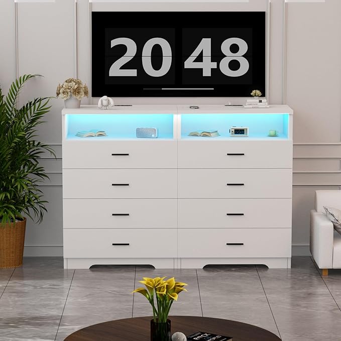 Dresser with Power Outlets and LED Lights Wooden 4 Drawer Dresser with Large - Image 2