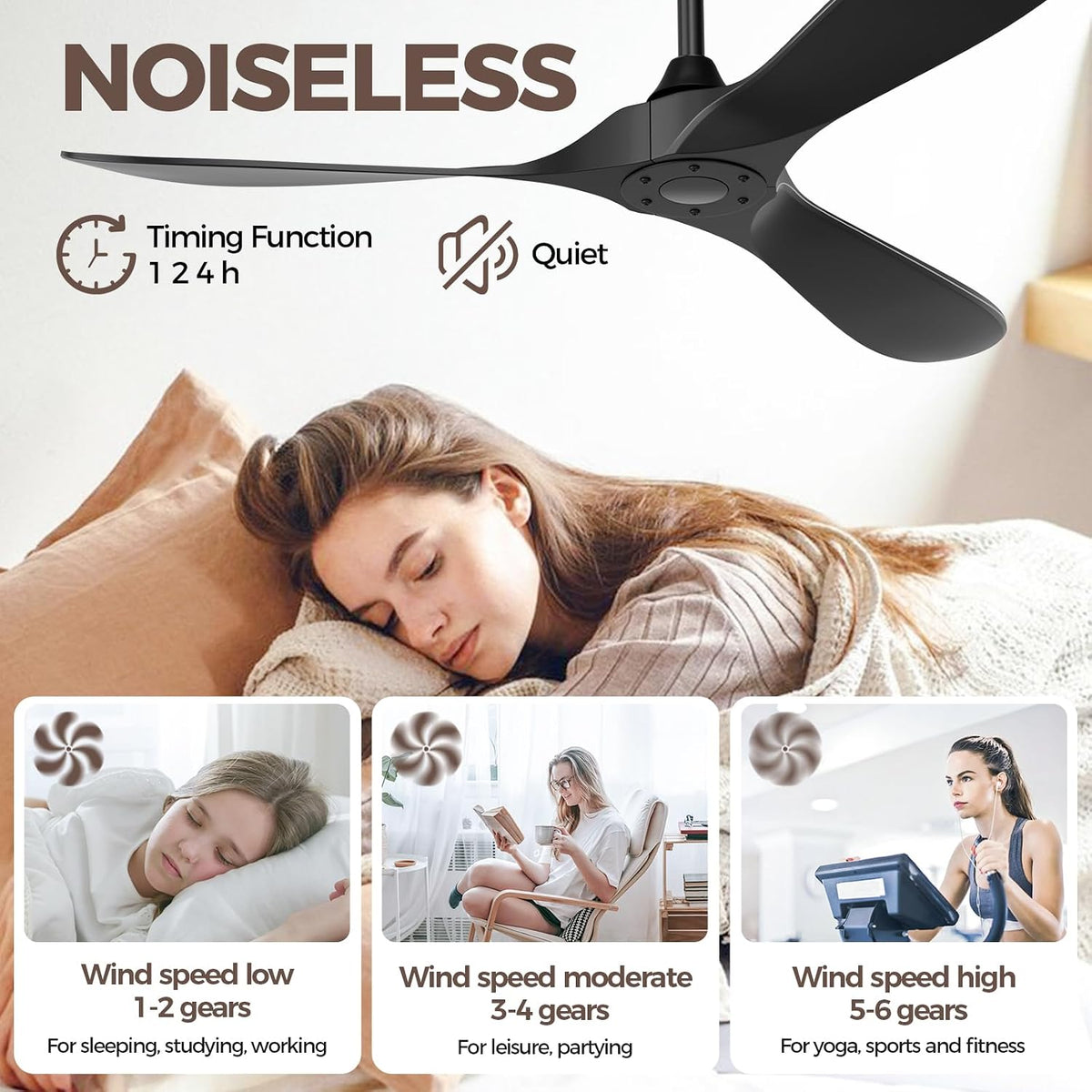 Obabala Black Outdoor Ceiling Fan, 52 in Ceiling Fans No Light with Remote Co...