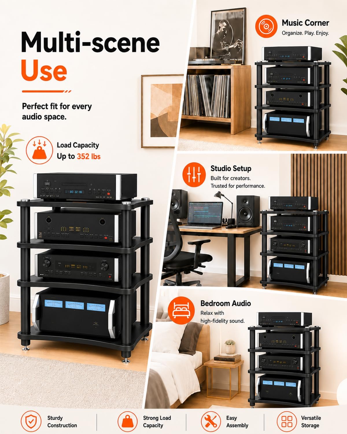 Heavy Duty 4-Tier AV Media Stand, 352 lb Load Capacity, Black