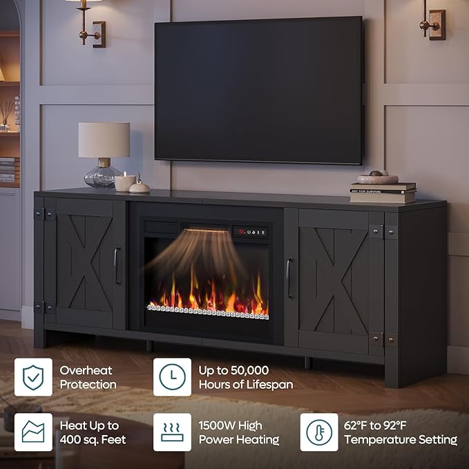 Bestier 63" Fireplace TV Stand for TVs Up to 70", Farmhouse Barn Door - Image 3
