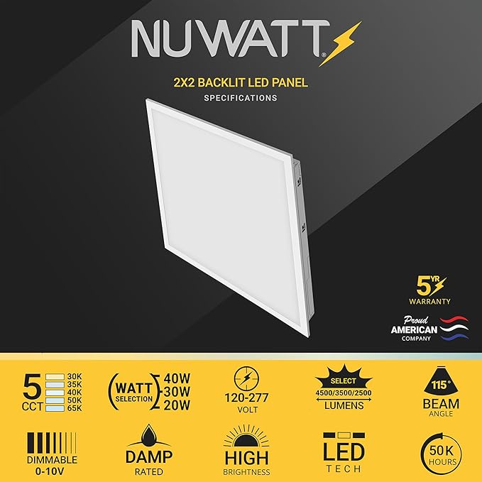 NUWATT 20 Pack 2x2 LED Flat Panel Lighting, Drop Ceiling Light Wattage - Image 2