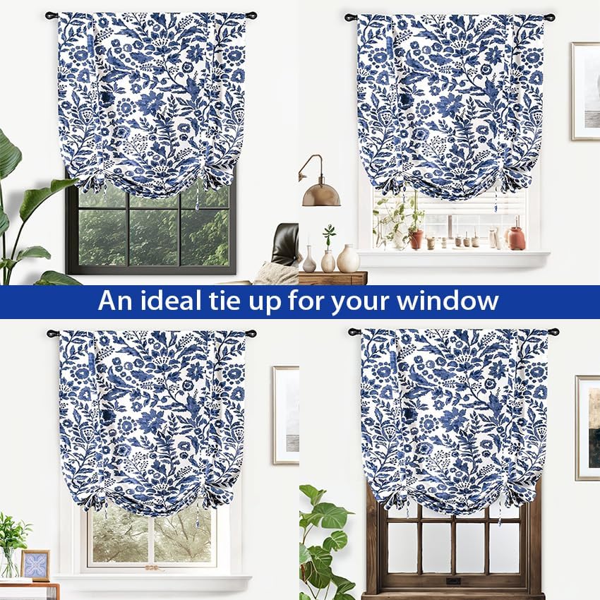 DriftAway Julia Watercolor Blooming Flower Floral Tie Up Curtain Thermal Insulated Blackout Window Adjustable Balloon Curtain Shade for Small Window Rod Pocket Single 31 Inch by 47 Inch Navy
