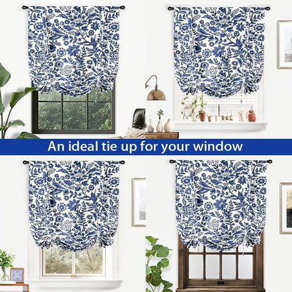 DriftAway Julia Watercolor Blooming Flower Floral Tie Up Curtain Thermal Insulated Blackout Window Adjustable Balloon Curtain Shade for Small Window Rod Pocket Single 31 Inch by 47 Inch Navy