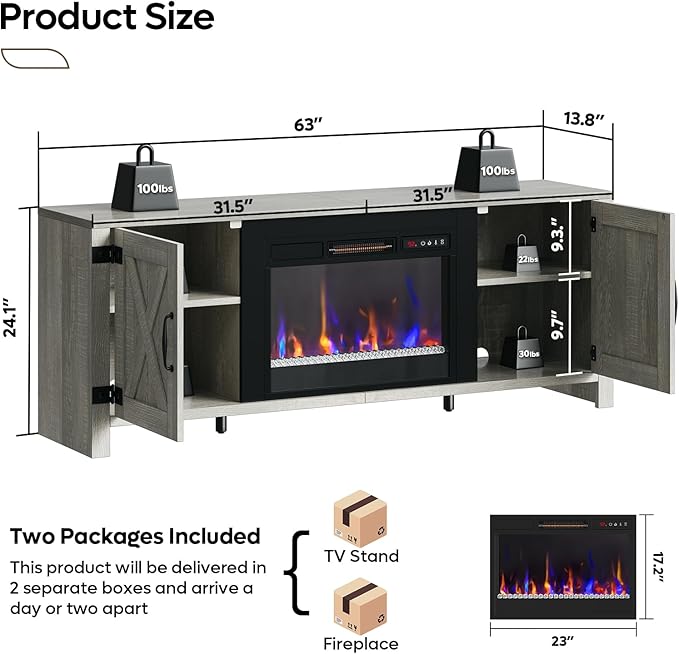 Bestier 63" Fireplace TV Stand for TVs Up to 70", Farmhouse Barn Door - Image 5