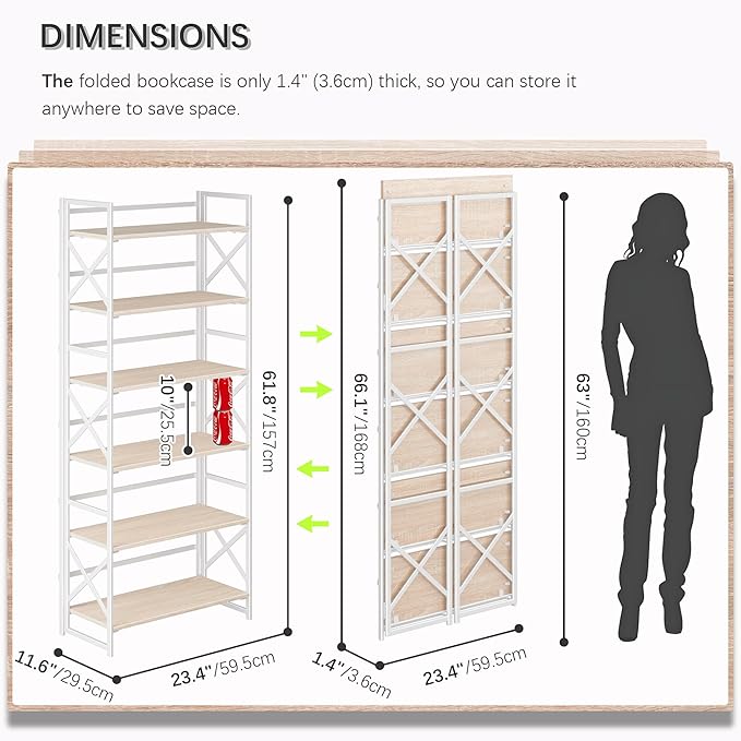 4NM 6 Tiers No Assembly Book Shelves, 61.8" H Folding Bookshelf Bookcase Open - Image 2