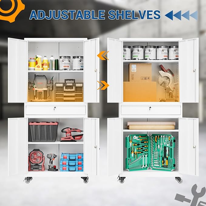 73" Metal Cabinet-White Heavy Duty Rolling Storage Cabinet Steel Tool Cabinets - Image 4