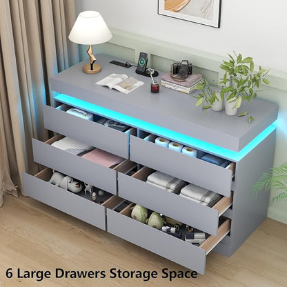 6 Drawer Dresser with Power Outlet, Dresser with LED Light, Modern Chest of - Image 5