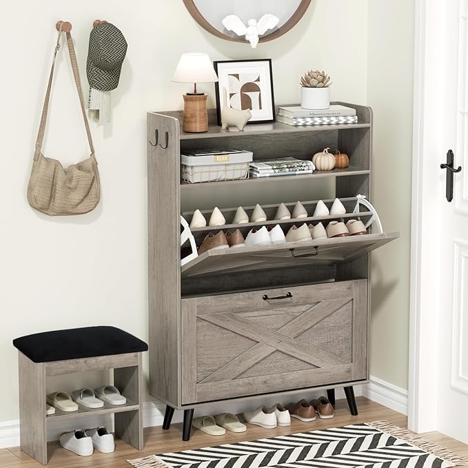 EOYUTLLY Shoe Cabinet with Bench, Shoe Organizer Cabinet with 2 Flip Drawers & - Image 3