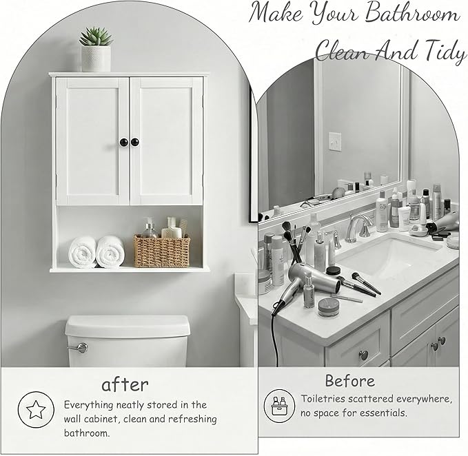 Bathroom Wall Cabinet, Over Toilet Storage Hanging Cabinet Adjustable Shelves - Image 8
