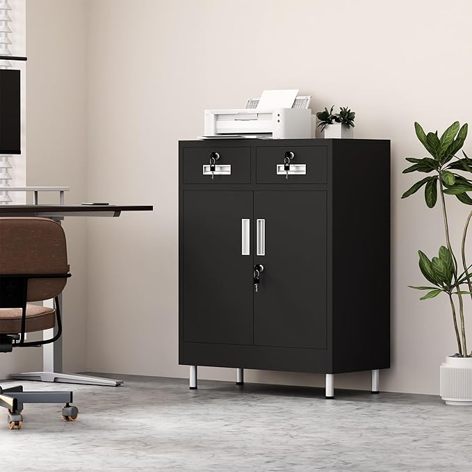 Metal Storage Cabinet with Locking Doors and 2 Drawers, Lockable Storage - Image 4