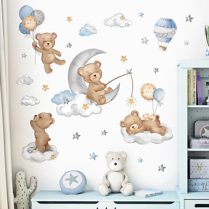 decalmile Bear Sleeping on The Moon Hot Air Balloon Wall Decals Stickers