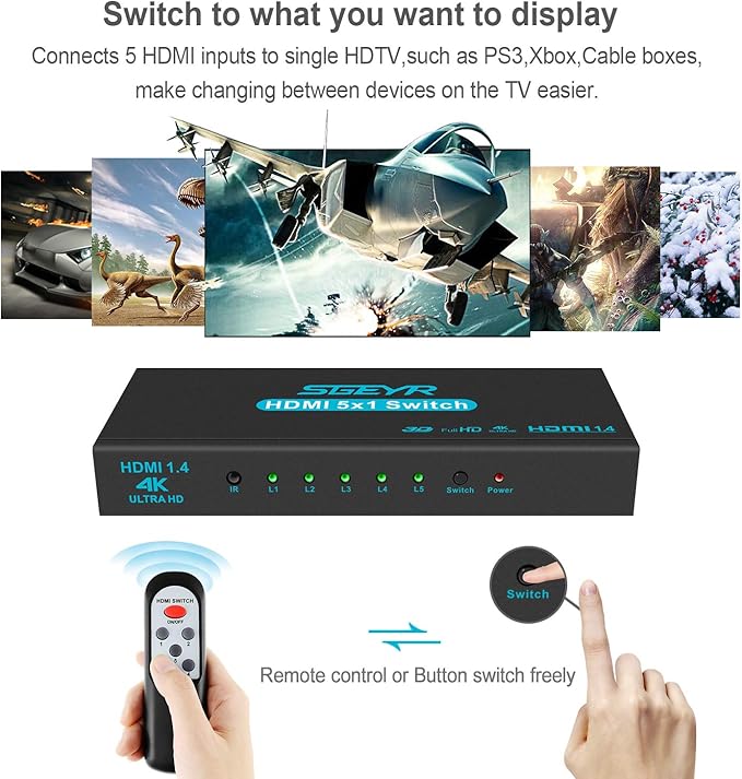 HDMI Switch SGEYR 5x1 HDMI Switcher 5 in 1 Out HDMI Selector 5 Port Box - Image 5