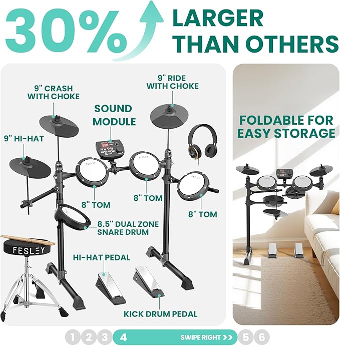 Fesley FED150W Electric Drum Set: Dual Zone Snare Drum, 2 Cymbals w/Choke - Image 5
