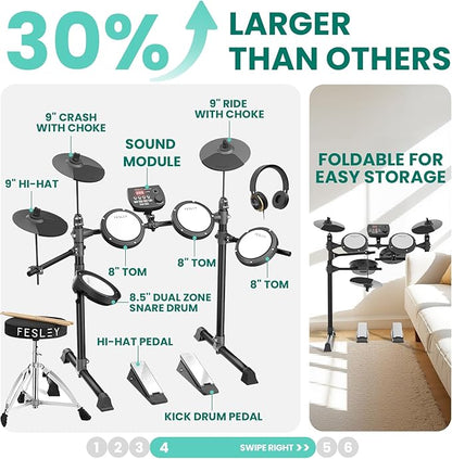 Fesley FED150W Electric Drum Set: Dual Zone Snare Drum, 2 Cymbals w/Choke - Image 5