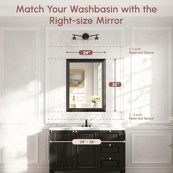 USHOWER 24x32 Bathroom Mirror, Beveled Aluminum Frame Wall Mirror, Rectangular - Image 7