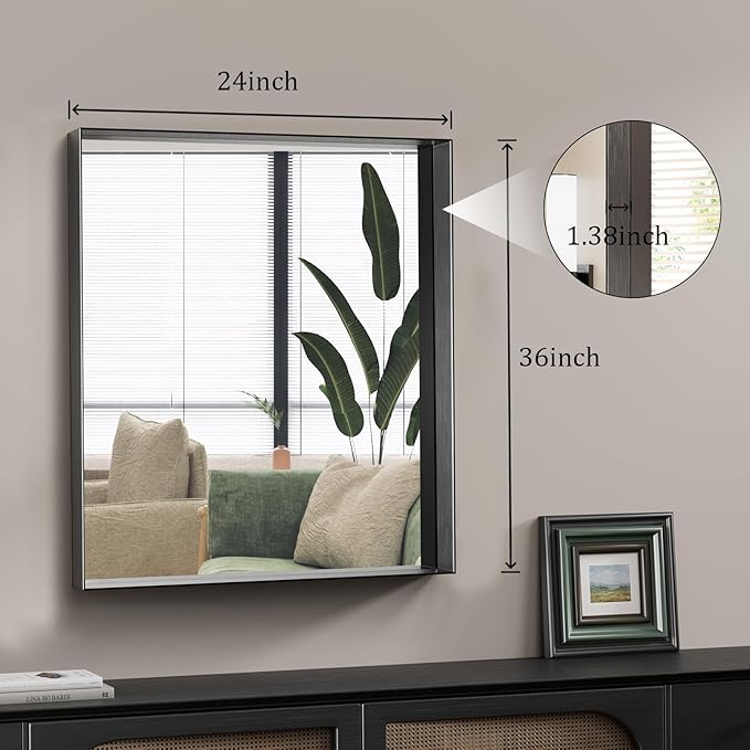 Koonmi 24x36 Inch Black Metal Framed Bathroom Mirror - Image 8
