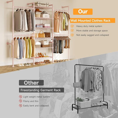 ONBRILL H3 Wall Mounted Closet System, Expandable Industrial Pipe Clothes Rack - Image 8