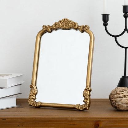 Vintage Small Vanity Gold 8x12 Antique Table Desk Mirror with Stand | Makeup Ornate Arched Decor Mirror, Small Brass Wedding Wood Mirror, For Tabletop Living Room Countertop Bedroom Bathroom