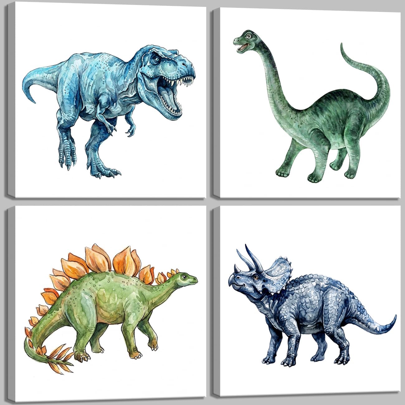 Dinosaur Wall Art for Boys Room Decor - 10" x 10" Set of 4 Dinosaur Canvas Art Watercolor Prints, Retro Nursery Wall Decor for Toddler Bedroom Playroom, Watercolor Dino Pictures Ready to Hang