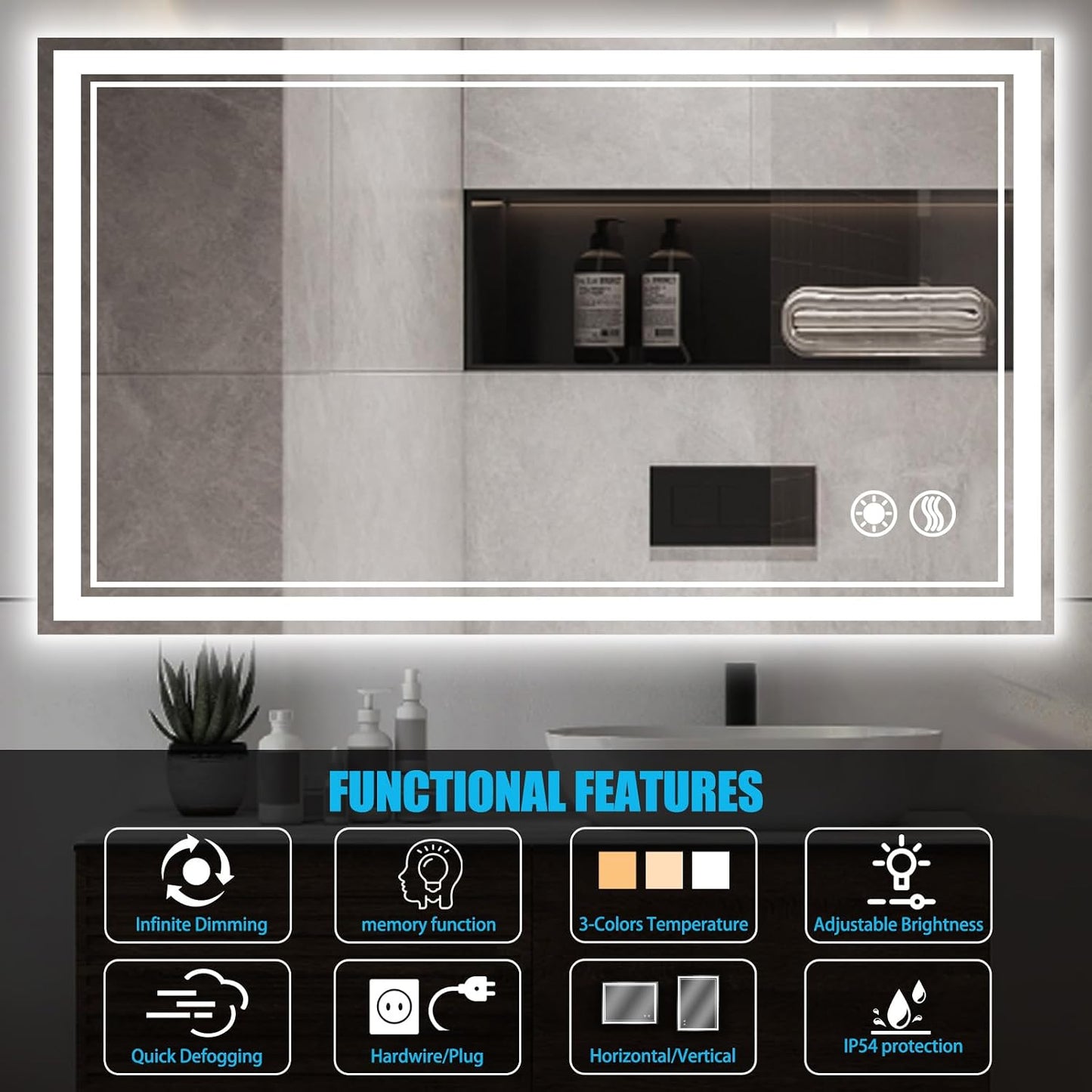 48 x 28'' LED Mirror for Bathroom Fogless Bathroom Mirror with LED Lights Stepless Dimmable 3 Colors Front and Backlit Lights Lighted Bathroom Mirror Wall Mounted Horizontal/Vertical