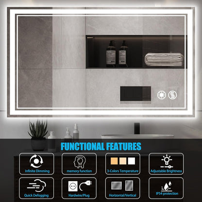 48 x 28'' LED Mirror for Bathroom Fogless Bathroom Mirror with LED Lights Stepless Dimmable 3 Colors Front and Backlit Lights Lighted Bathroom Mirror Wall Mounted Horizontal/Vertical