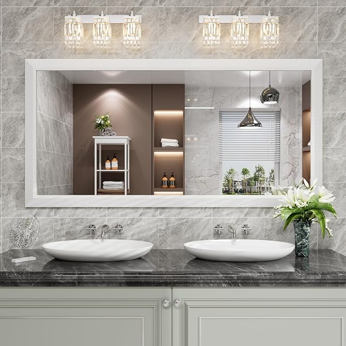 Amorho Bathroom Mirror, 60 X30 Inch White Thick Metal Framed Wall Mirrors - Image 8