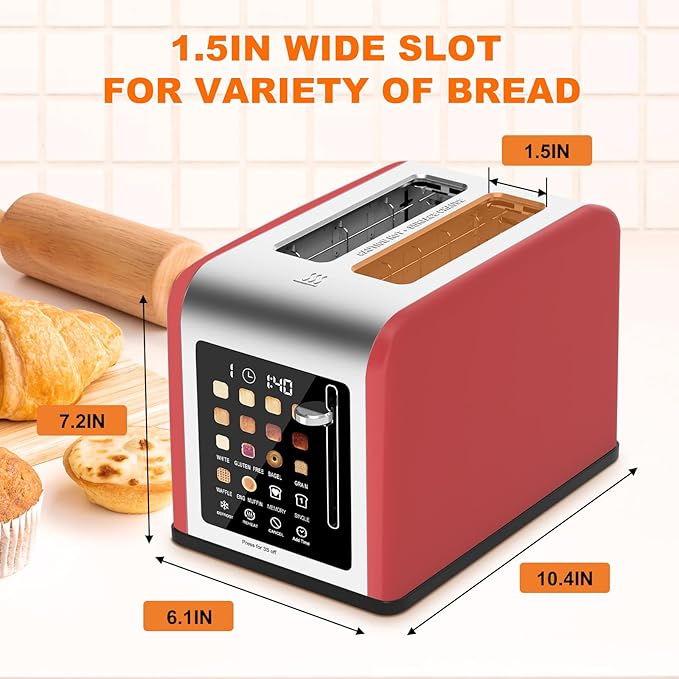 2 Slice Toaster Touch Screen, Stainless Steel Toasters Digital Timer 2 Slot - Image 3
