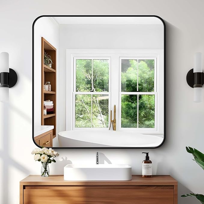 Bathroom Mirror, Metal Frame Rounded Corner Vanity Mirror, Large Wall Mounted by WelcometoCIVENO