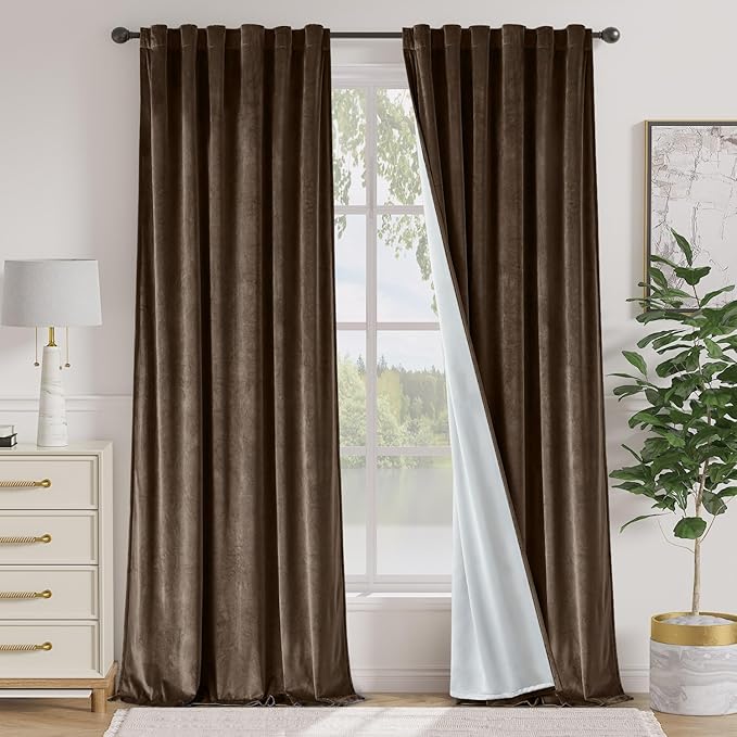Lazzzy Dark Brown Blackout Velvet Curtains 96 Inches Long Thermal Insulated by Lazzzy