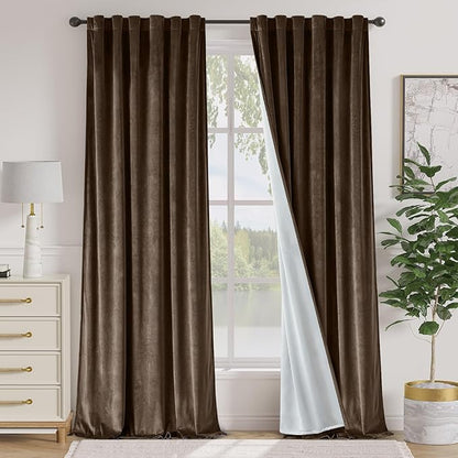 Lazzzy Dark Brown Velvet Extra Long Curtains 108 Inches Long Blackout Thermal by Lazzzy