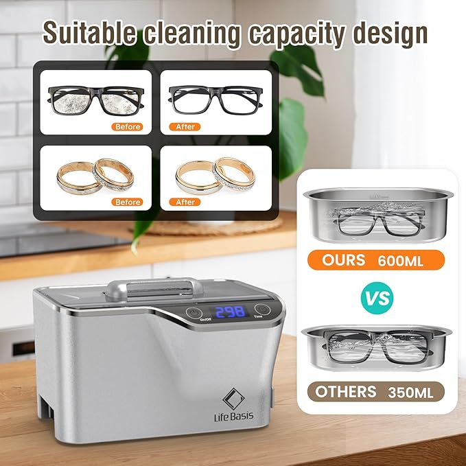 LifeBasis Ultrasonic Cleaner, Professional 45kHz Ultrasonic Jewelry Cleaner 20 - Image 5