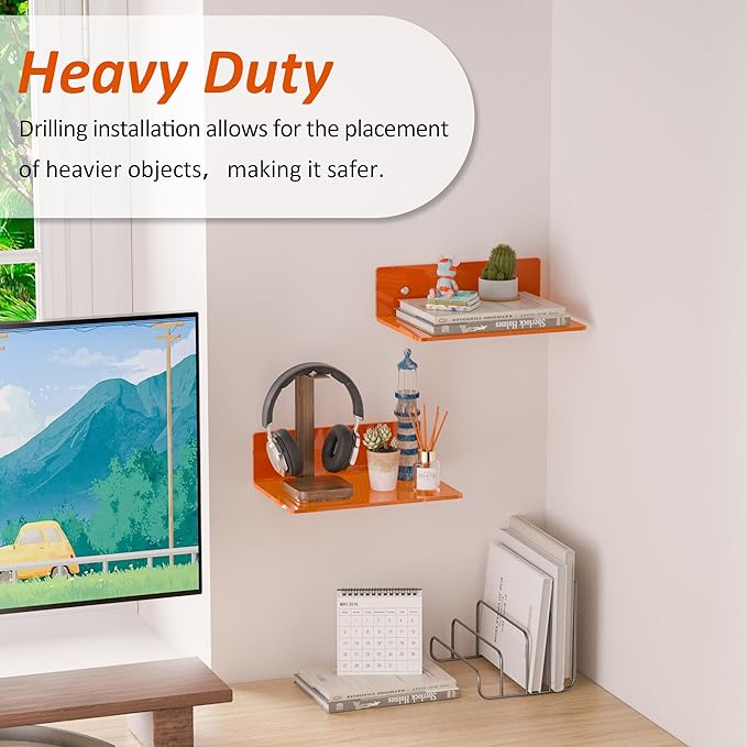 9 Inch Orange Wall Shelves, Acrylic Wall Mounting Ledges Display, Acrylic - Image 3
