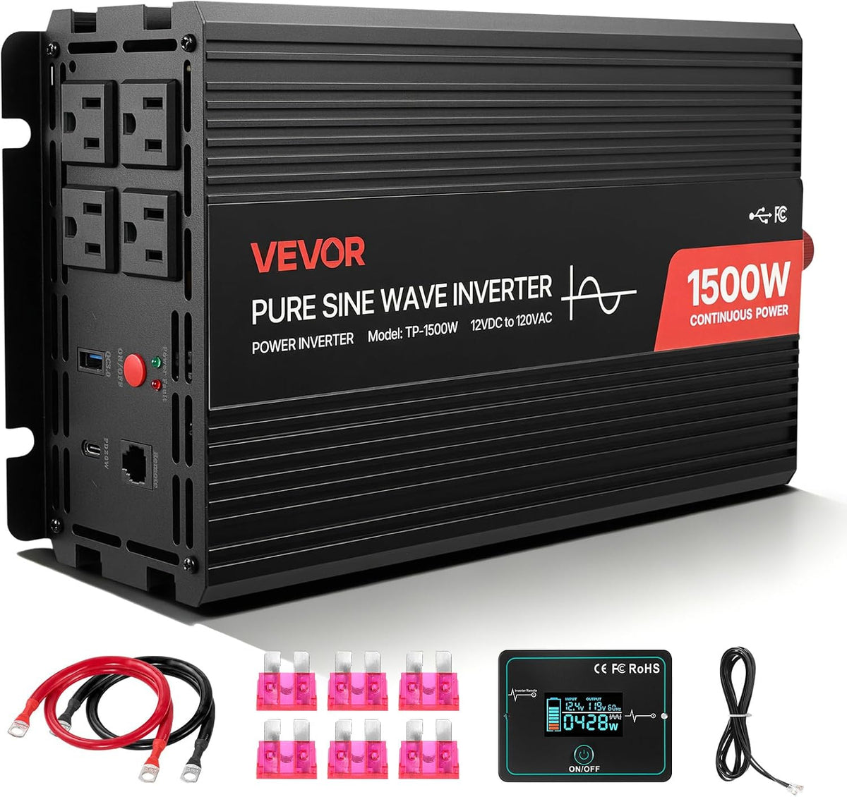 VEVOR 1500W Power Inverter, 12V DC to 120V AC Pure Sine Wave Inverter, Car Ch...
