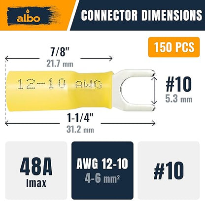 150PCS Yellow Heat Shrink Fork Spade Connectors #10 – 12-10 AWG Tinned Copper - Image 2
