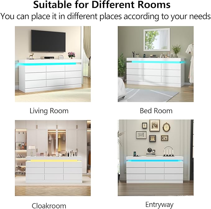 9 Drawer Dresser with Power Outlet, Dresser with LED Light, Modern Chest of - Image 7